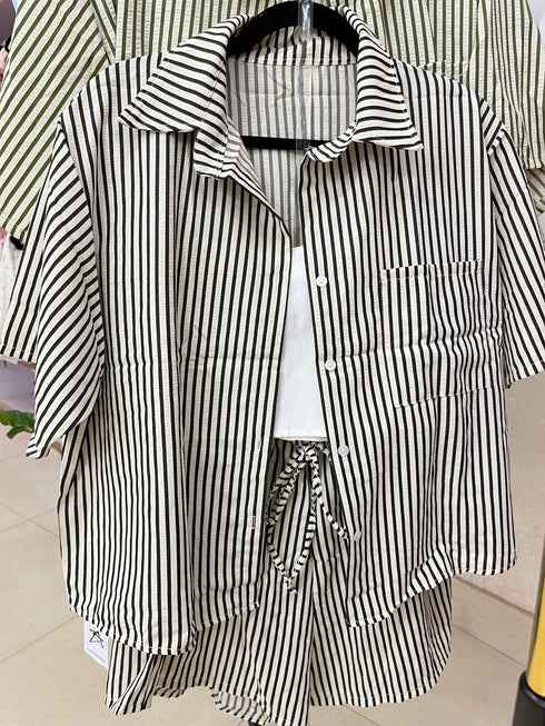 Summer Short Sleeves Strips Shirts With Short and Crop Camisoley
